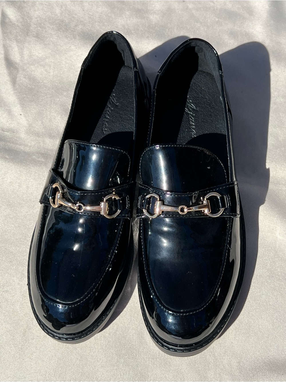 Black Patent Loafers with Gold Bit Hardware - Women